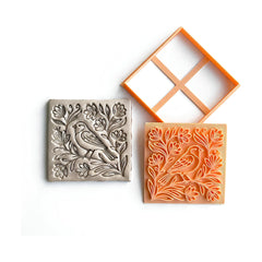 Bird & Floral Harmony Square Tile Cutter & Stamp Set - 10 cm (4") for Pottery