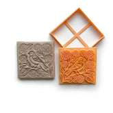 Songbird & Hydrangea Bloom Square Tile Cutter & Stamp Set - 10 cm (4") for Pottery