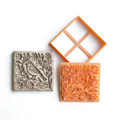 Bird & Floral Harmony Square Tile Cutter & Stamp Set - 10 cm (4") for Pottery