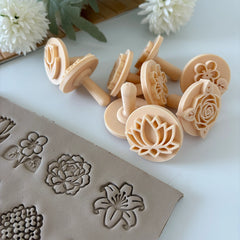 9-Piece Botanical Stamp Set with Handles - Floral Pottery Tools (3 cm / 1.2" Pattern)