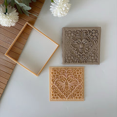 Bee & Floral Ornament Square Tile Cutter & Stamp Set - 10 cm (4") for Pottery