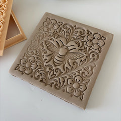 Bee & Floral Ornament Square Tile Cutter & Stamp Set - 10 cm (4") for Pottery