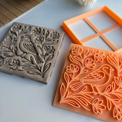 Bird & Floral Harmony Square Tile Cutter & Stamp Set - 10 cm (4") for Pottery
