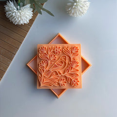 Bird & Floral Harmony Square Tile Cutter & Stamp Set - 10 cm (4") for Pottery
