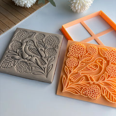 Songbird & Hydrangea Bloom Square Tile Cutter & Stamp Set - 10 cm (4") for Pottery