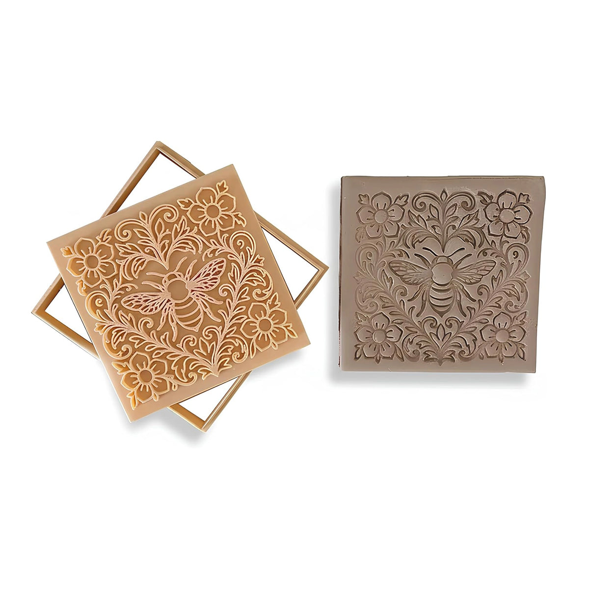 Bee & Floral Ornament Square Tile Cutter & Stamp Set - 10 cm (4") for Pottery