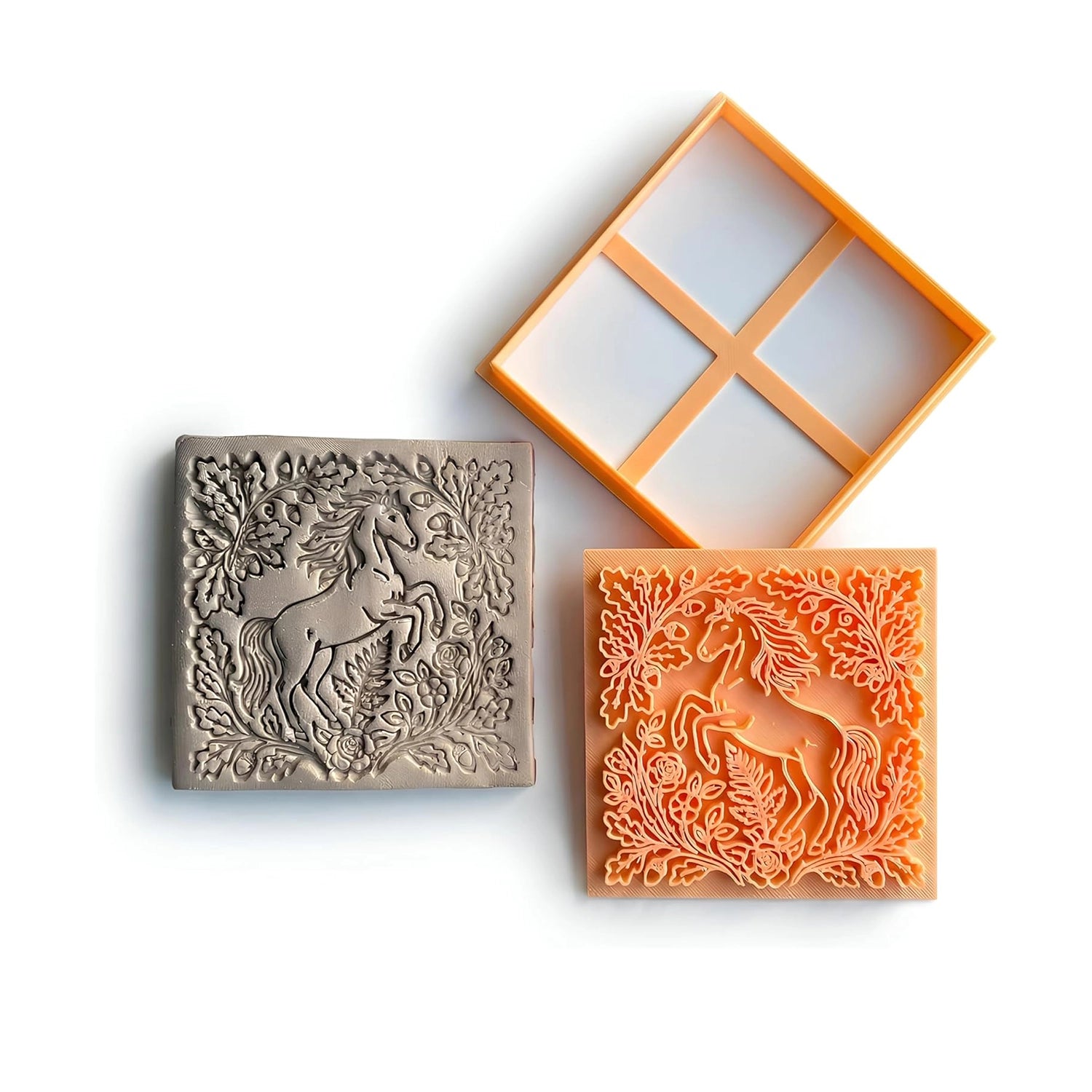 Majestic Horse & Floral Ornament Square Tile Cutter & Stamp Set - 10 cm (4") for Pottery