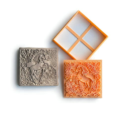 Majestic Horse & Floral Ornament Square Tile Cutter & Stamp Set - 10 cm (4") for Pottery
