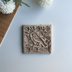 Bird & Floral Harmony Square Tile Cutter & Stamp Set - 10 cm (4") for Pottery
