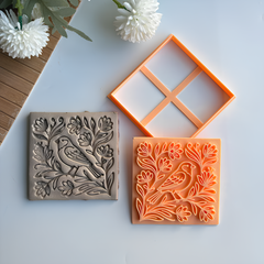 Bird & Floral Harmony Square Tile Cutter & Stamp Set - 10 cm (4") for Pottery
