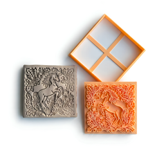 Majestic Horse & Floral Ornament Square Tile Cutter & Stamp Set - 10 cm (4") for Pottery