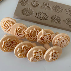 9-Piece Botanical Stamp Set with Handles - Floral Pottery Tools (3 cm / 1.2" Pattern)