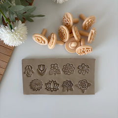 9-Piece Botanical Stamp Set with Handles - Floral Pottery Tools (3 cm / 1.2" Pattern)