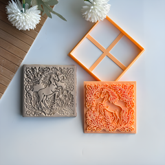 Majestic Horse & Floral Ornament Square Tile Cutter & Stamp Set - 10 cm (4") for Pottery
