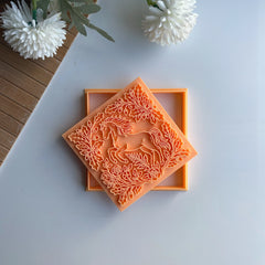 Majestic Horse & Floral Ornament Square Tile Cutter & Stamp Set - 10 cm (4") for Pottery