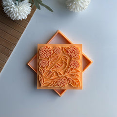 Songbird & Hydrangea Bloom Square Tile Cutter & Stamp Set - 10 cm (4") for Pottery